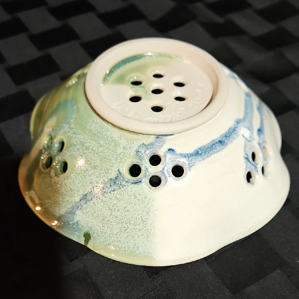 Artisan Crafted/Signed Ceramic Berry Strainer/Colander in Cream, Green and Blue